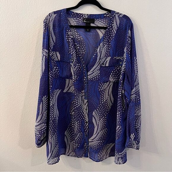 Lane Bryant Blouse Size 26/28 Blue Long Sleeve Sheer Career Roll-tab Sleeves - Picture 1 of 7